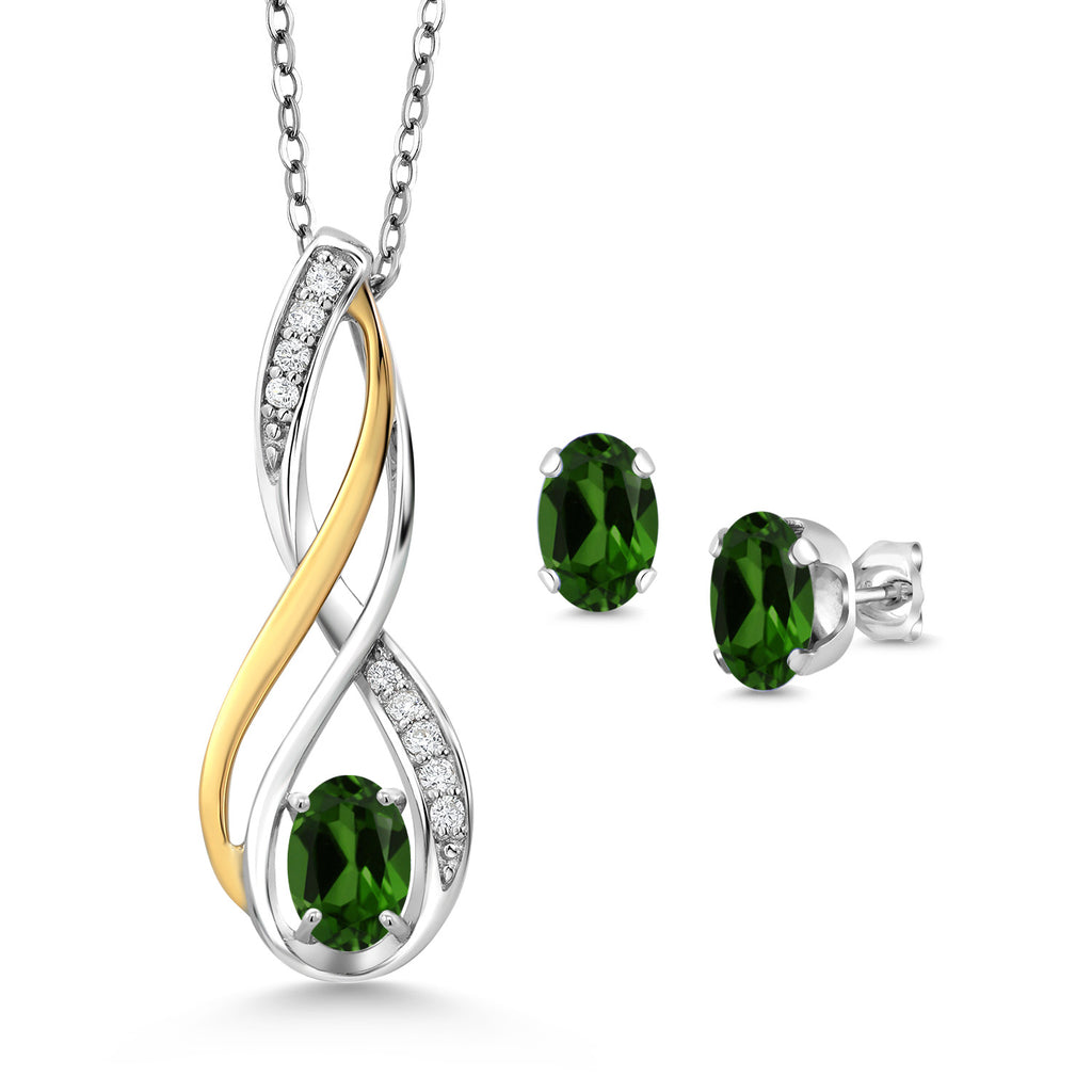 Chrome Diopside_Pendant Earrings Set in 925 Sterling Silver and 10K Yellow Gold