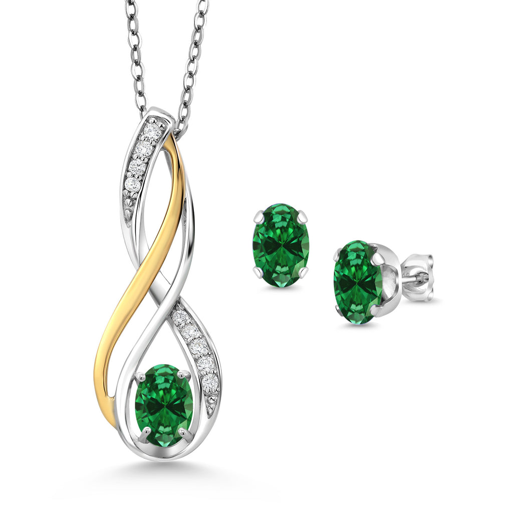 Green Created Emerald - May_Pendant Earrings Set in 925 Sterling Silver and 10K Yellow Gold