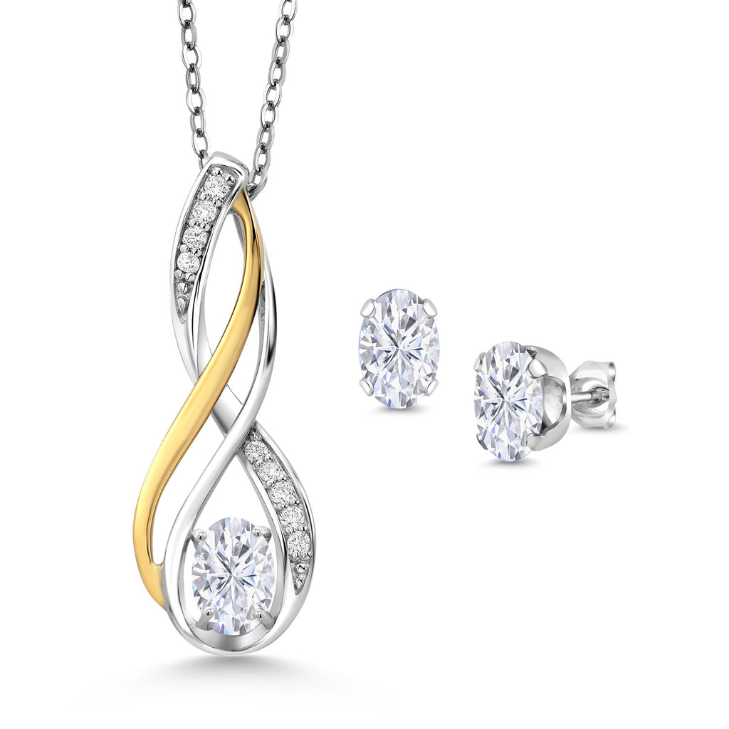 White Moissanite - April_Pendant Earrings Set in 925 Sterling Silver and 10K Yellow Gold