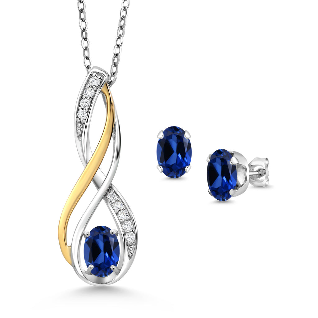 Blue Created Sapphire - September_Pendant Earrings Set in 925 Sterling Silver and 10K Yellow Gold