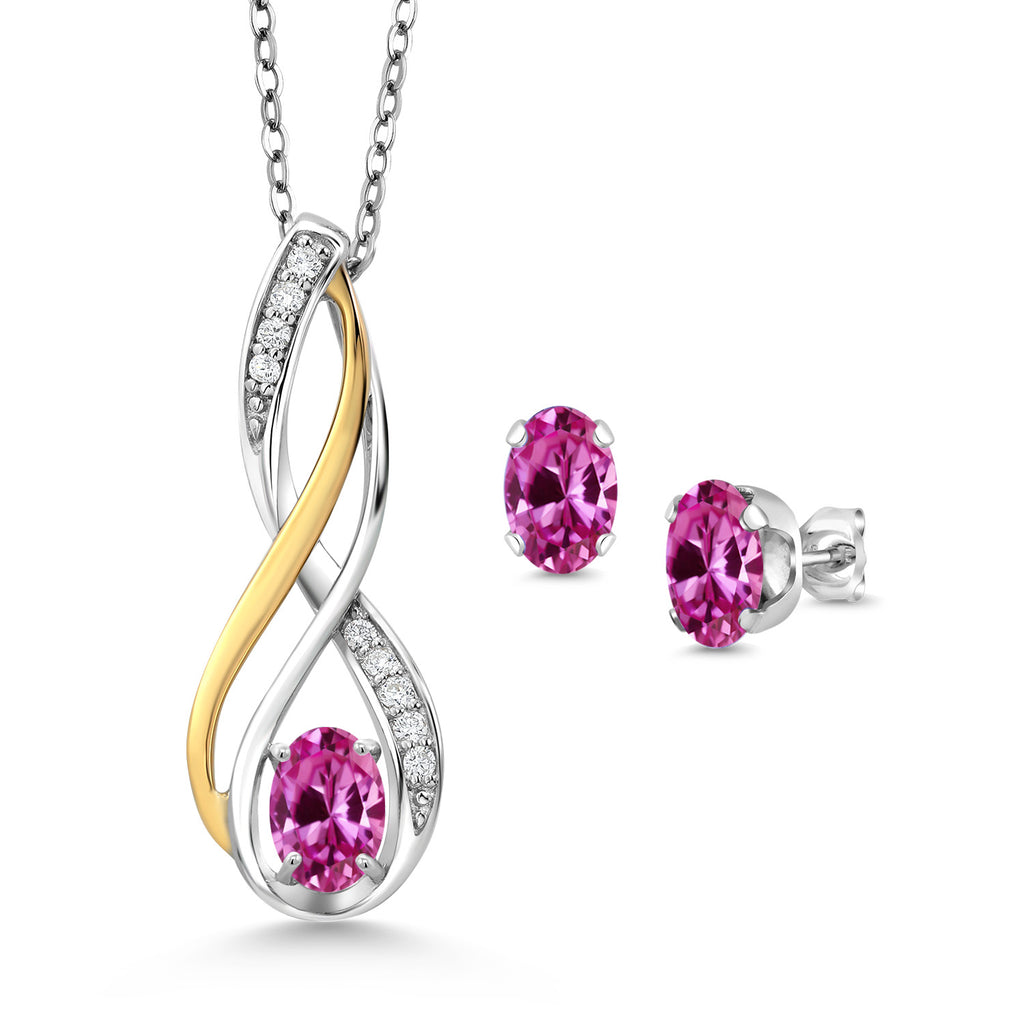 Pink Created Sapphire - September_Pendant Earrings Set in 925 Sterling Silver and 10K Yellow Gold
