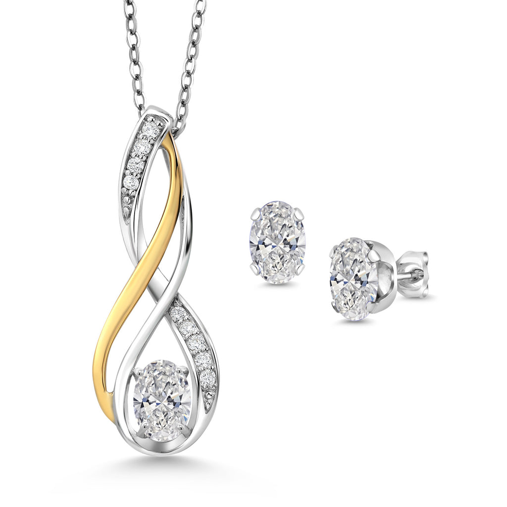 White Lab Grown Diamond - April_Pendant Earrings Set in 925 Sterling Silver and 10K Yellow Gold