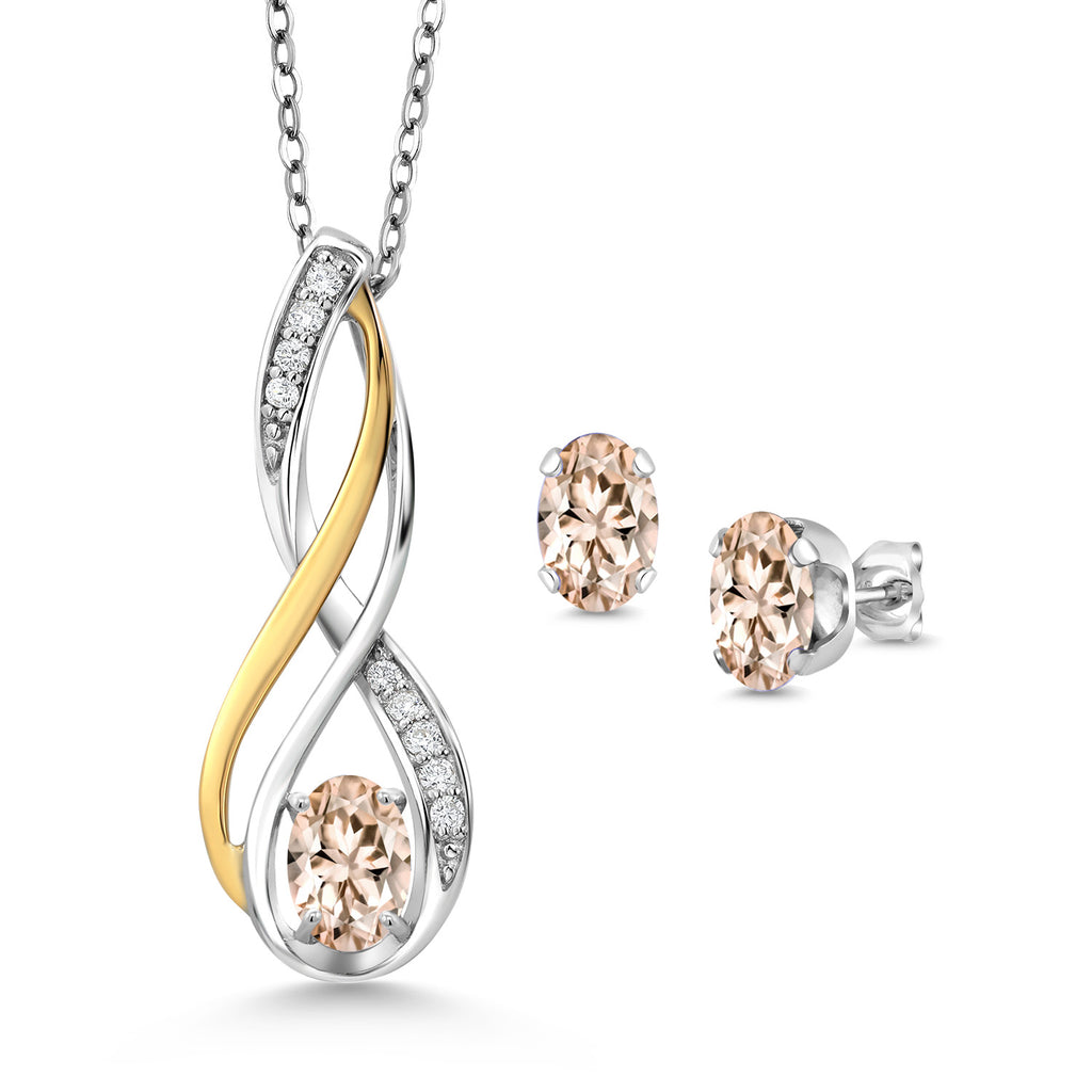 Morganite - October_Pendant Earrings Set in 925 Sterling Silver and 10K Yellow Gold