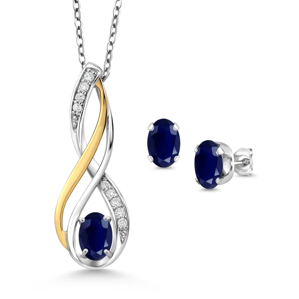 Blue Sapphire - September_Pendant Earrings Set in 925 Sterling Silver and 10K Yellow Gold
