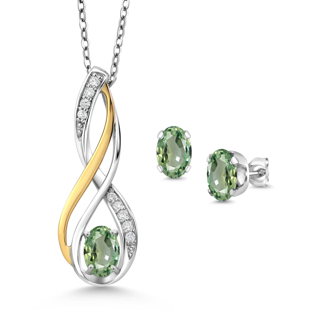 Green Sapphire - September_Pendant Earrings Set in 925 Sterling Silver and 10K Yellow Gold