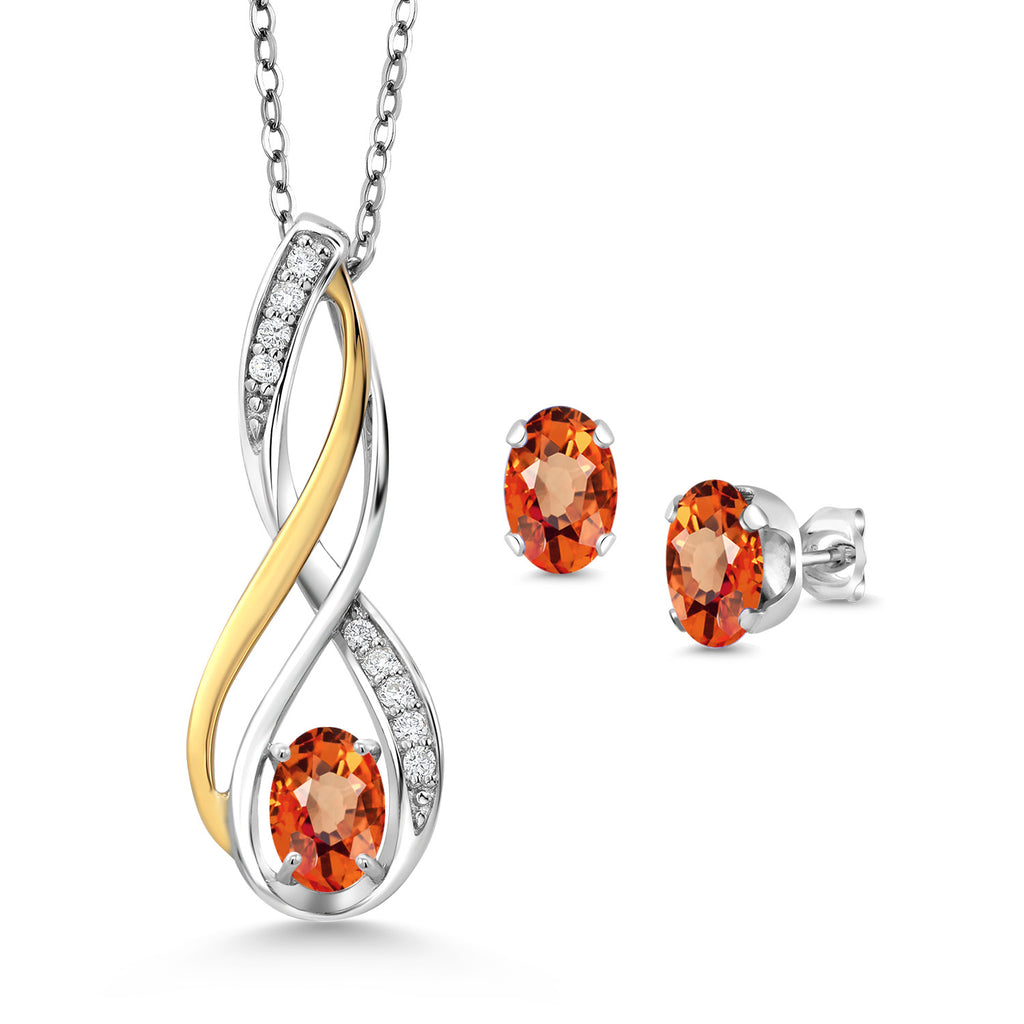 Orange Sapphire - September_Pendant Earrings Set in 925 Sterling Silver and 10K Yellow Gold