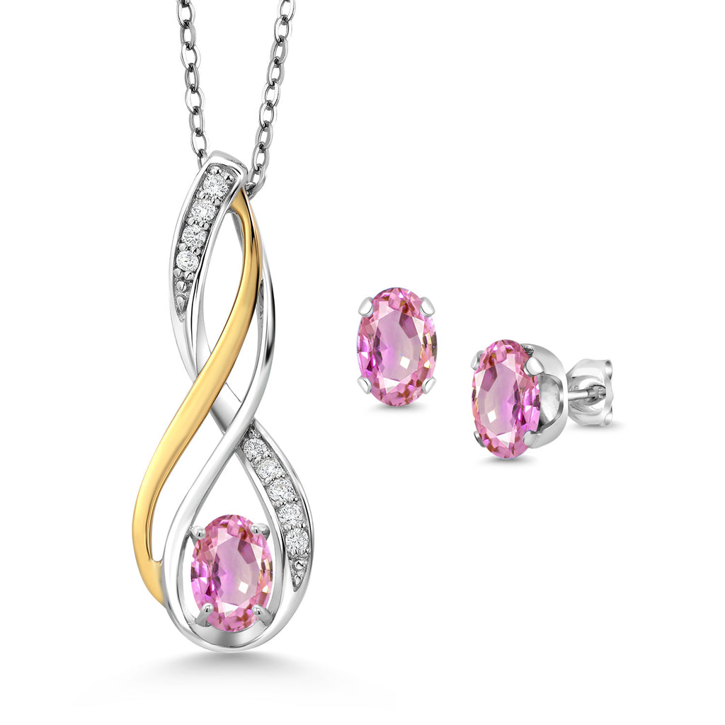 Pink Sapphire - September_Pendant Earrings Set in 925 Sterling Silver and 10K Yellow Gold