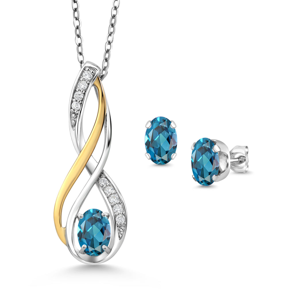 London Blue Topaz - November_Pendant Earrings Set in 925 Sterling Silver and 10K Yellow Gold