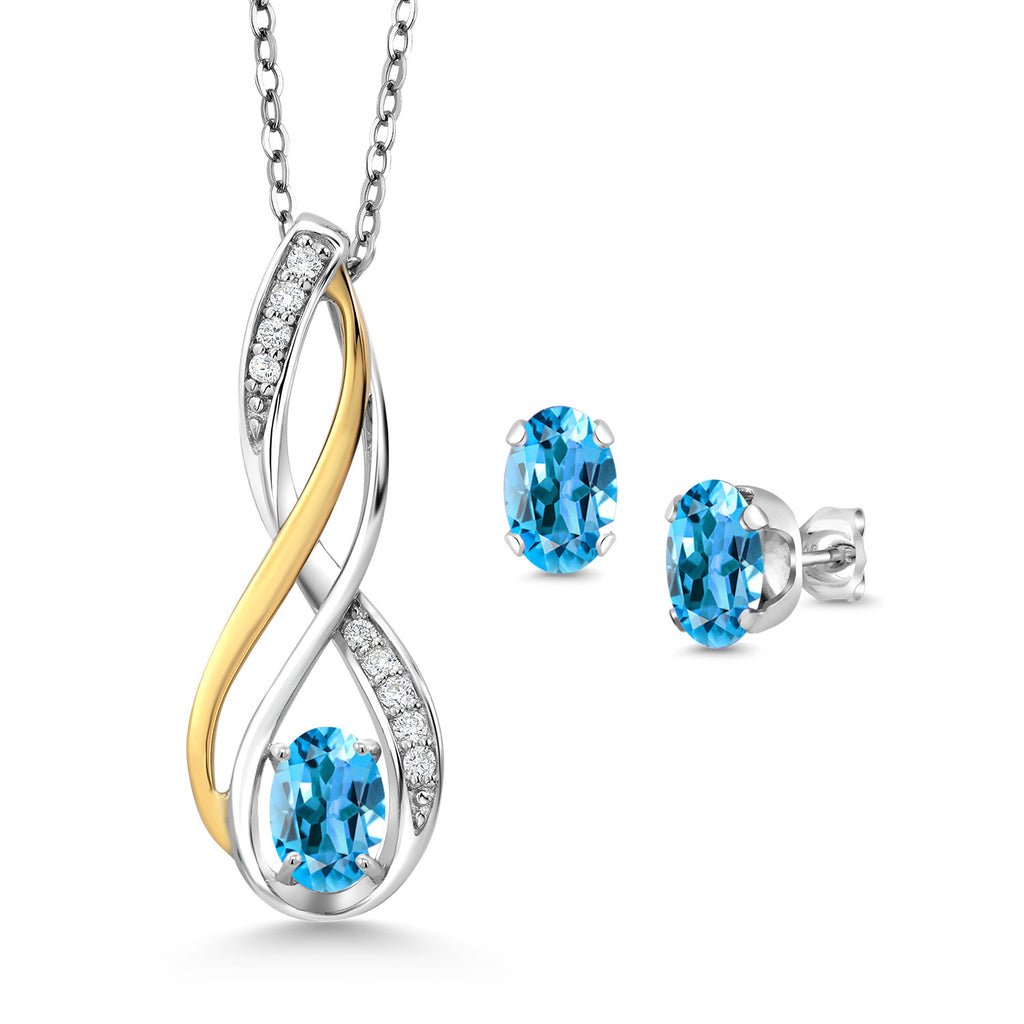 Swiss Blue Topaz - November_Pendant Earrings Set in 925 Sterling Silver and 10K Yellow Gold