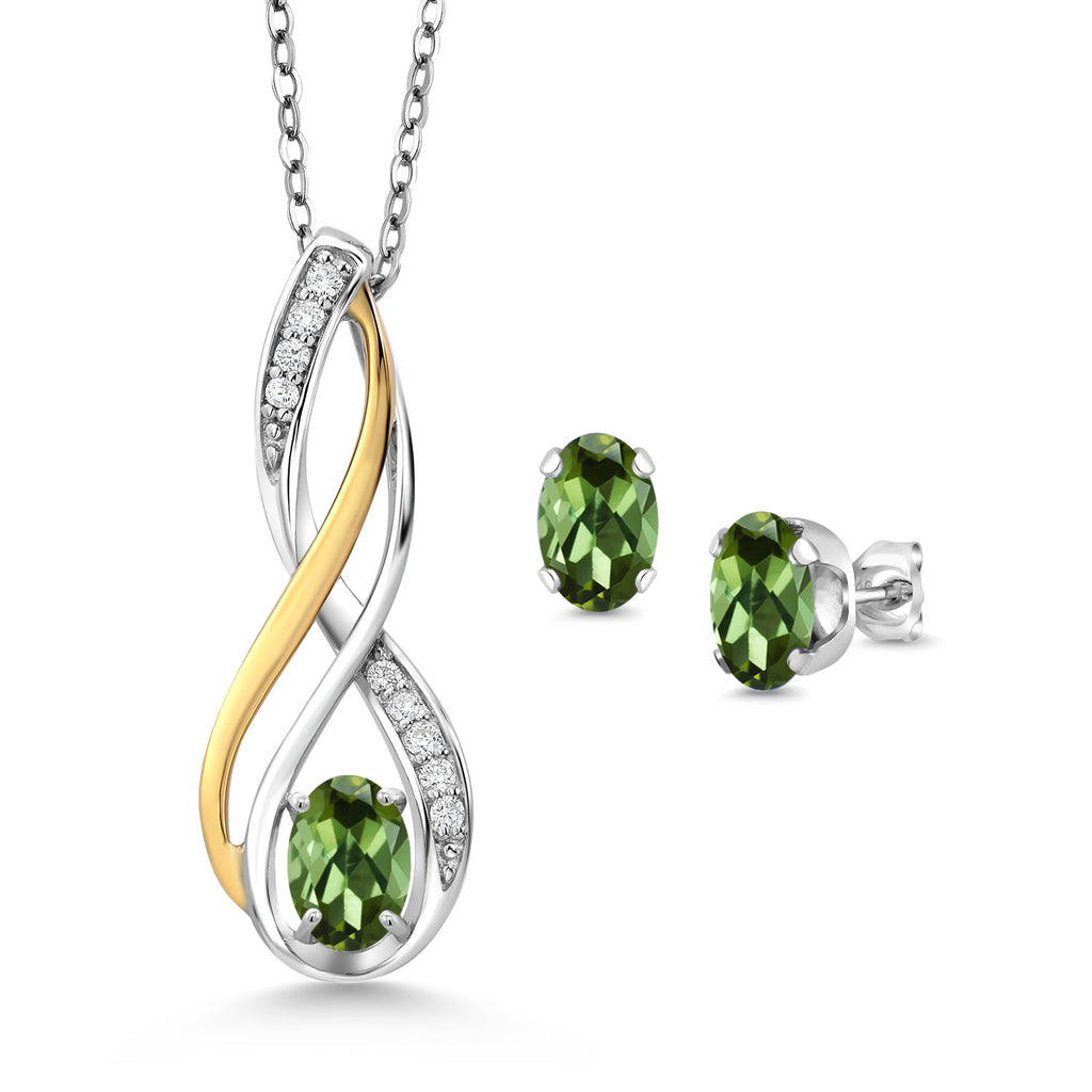 Green Tourmaline - October_Pendant Earrings Set in 925 Sterling Silver and 10K Yellow Gold