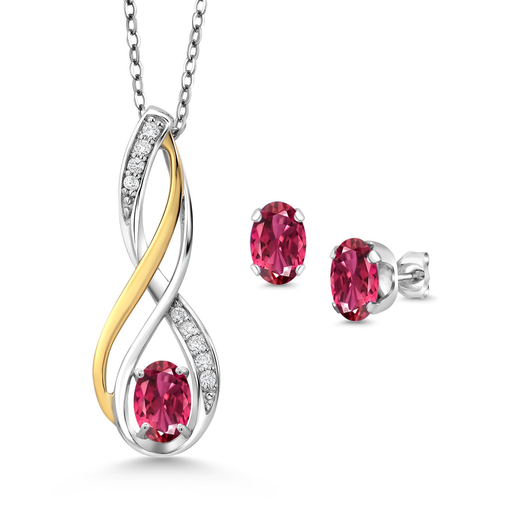 Pink Tourmaline - October_Pendant Earrings Set in 925 Sterling Silver and 10K Yellow Gold