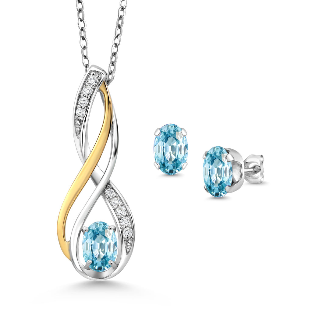 Blue Zircon_Pendant Earrings Set in 925 Sterling Silver and 10K Yellow Gold