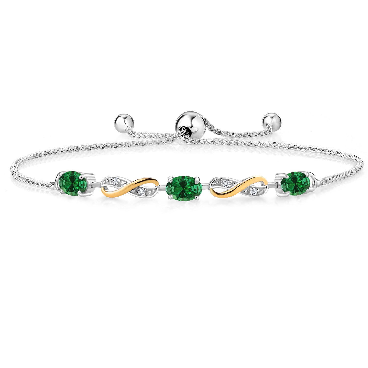 1.08 Ct Oval Green Created Emerald 925 Silver and 10K Yellow Gold Lab Grown Diamond Adjustable Infinity Bracelet For Women Mother's Mom Wife Her