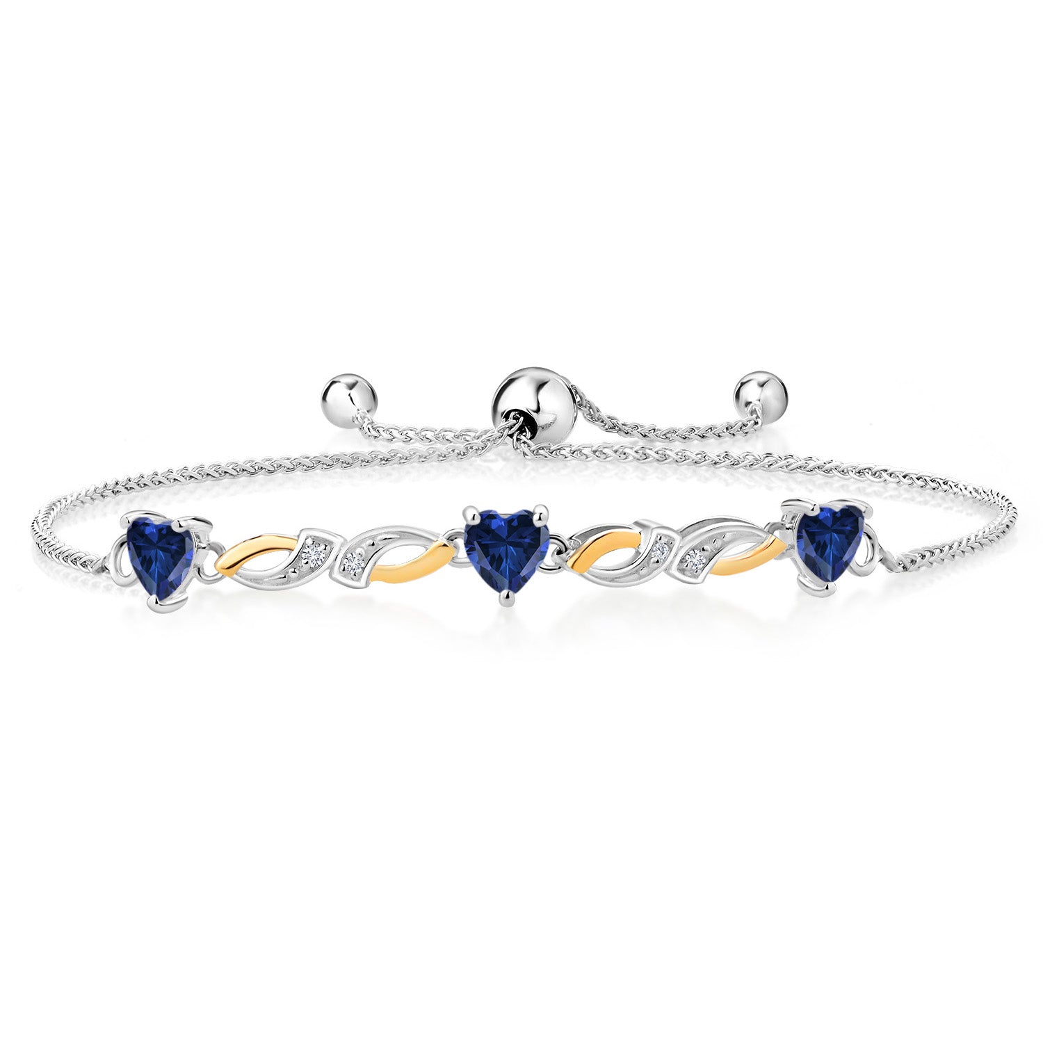 925 Sterling Silver and 10K Yellow Gold Heart Shape Blue Created Sapphire and White Lab Grown Diamond Tennis Bracelet For Women (1.53 Cttw, Fully Adjustable Up to 9 Inch)