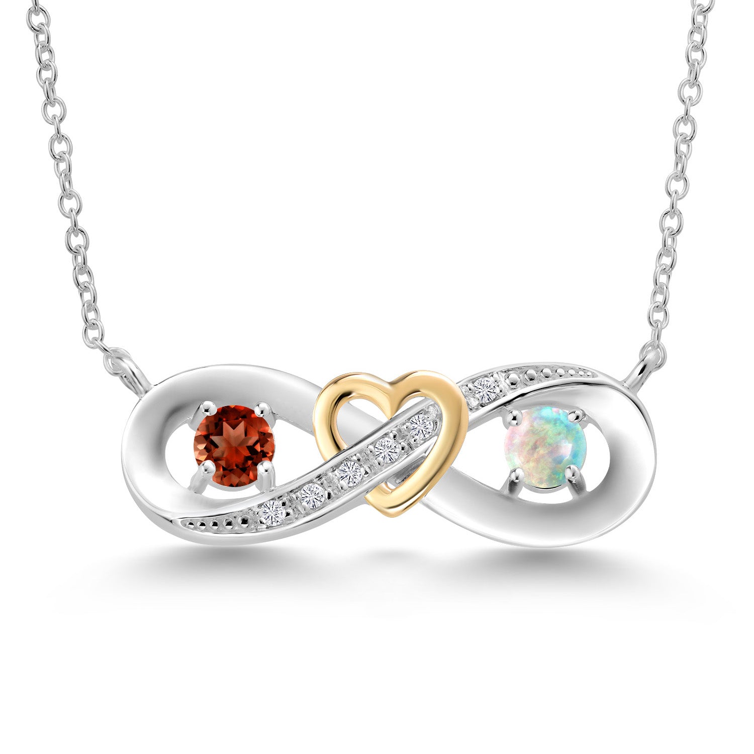 925 Silver and 10K Yellow Gold Red Garnet White Simulated Opal and Lab Grown Diamond Two-Tone Heart Interlocking Infinity Symbol Pendant Necklace For Women with 18 Inch Chain