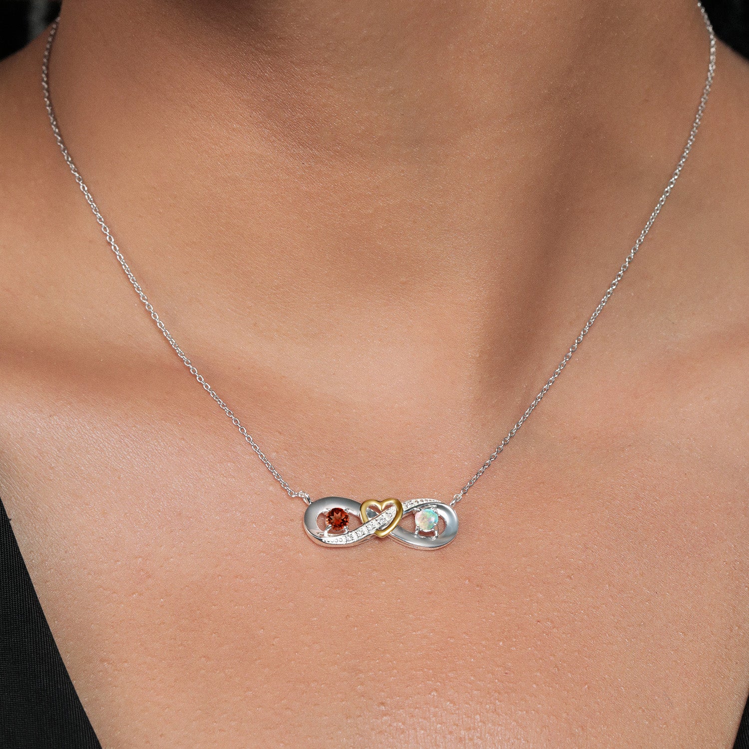 925 Silver and 10K Yellow Gold Red Garnet White Simulated Opal and Lab Grown Diamond Two-Tone Heart Interlocking Infinity Symbol Pendant Necklace For Women with 18 Inch Chain