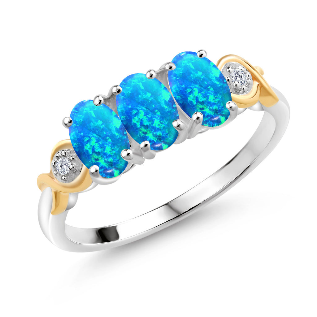 Blue Simulated Opal - October_7_Ring in 925 Sterling Silver and 10K Yellow Gold