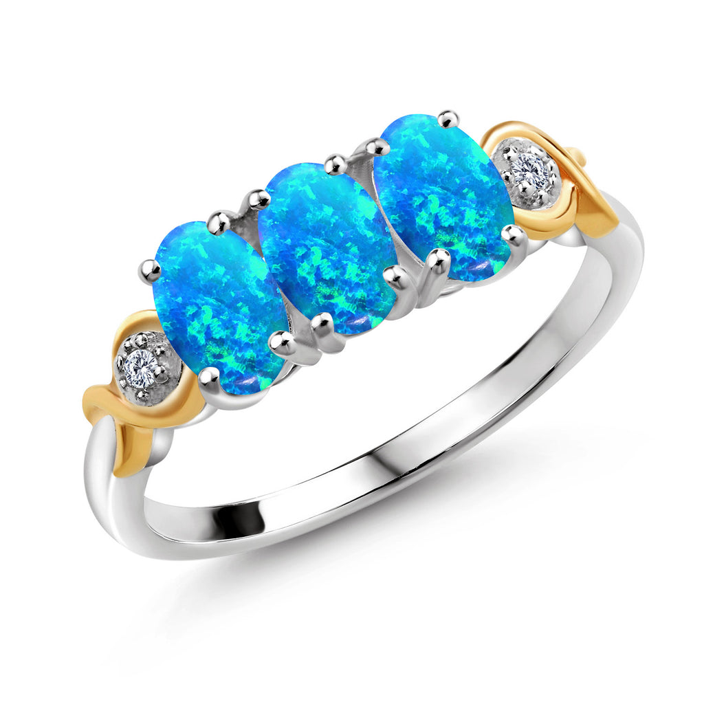 Blue Simulated Opal - October_7_Ring in 925 Sterling Silver and 10K Yellow Gold