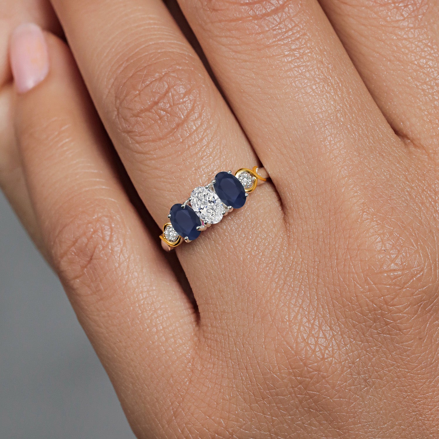 925 Silver and 10K Yellow Gold Blue Sapphire and White Lab Grown Diamond Engagement Ring For Women | 1.53 Cttw | Oval 6X4MM | Gemstone April Birthstone | Available in Size 5,6,7,8,9