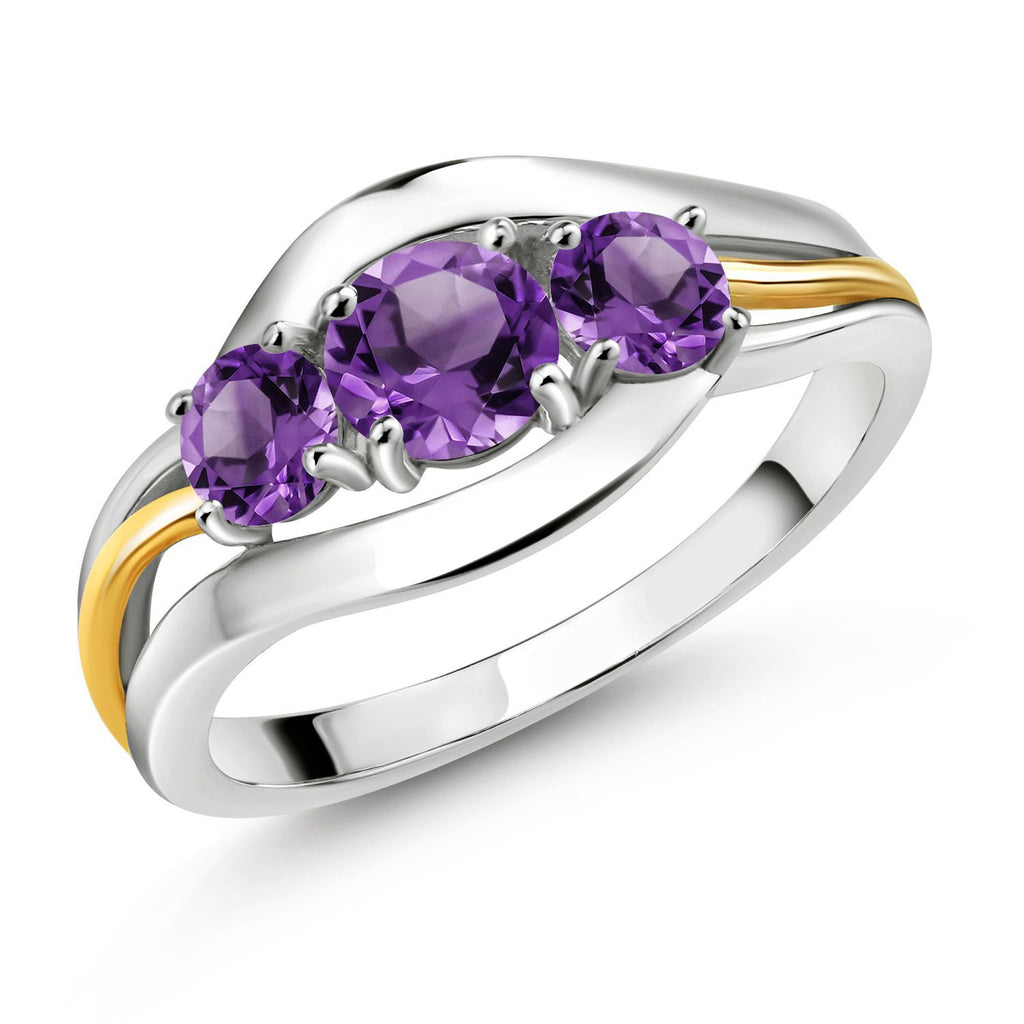 Gem Stone King Purple Amethyst 3 Stone Ring For Women | 925 Sterling Silver and 10K Yellow Gold | 0.98 Cttw | Round 5MM and 4MM | Wedding Engagement Anniversary Promise Ring For Women