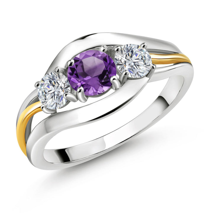 Gem Stone King 3-Stone Birthstone and Lab Grown Diamond Two-Tone Ring for Women | 925 Silver 10K Yellow Gold | Round 5MM 4MM | Anniversary Promise Engagement Ring
