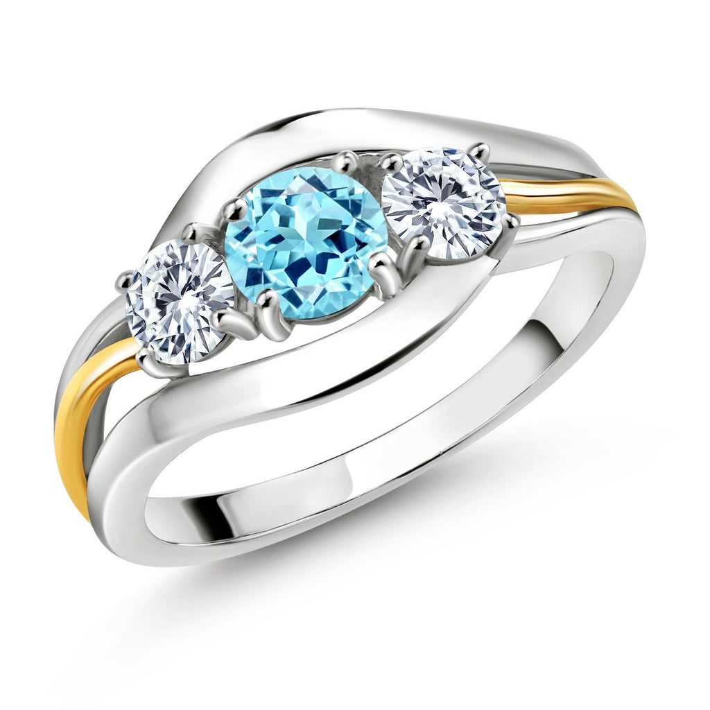 Gem Stone King 925 Silver and 10K Yellow Gold Blue Apatite and White Moissanite 3-Stone Ring For Women | 0.96 Cttw | Round 5MM and 4MM | Two-Tone Split-Shank Wedding Anniversary Promise Ring
