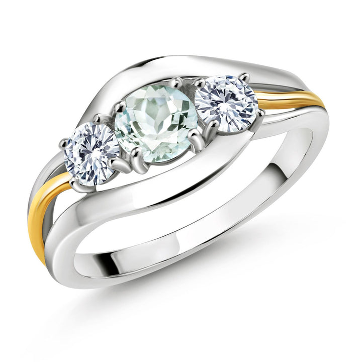Gem Stone King 10K Yellow Gold & 925 Sterling Silver Round Gemstone Birthstone and White Moissanite 3-Stone Ring | Round 5MM and 4MM | Two-Tone Split-Shank Wedding Anniversary Promise for Women | Sizes 5-9