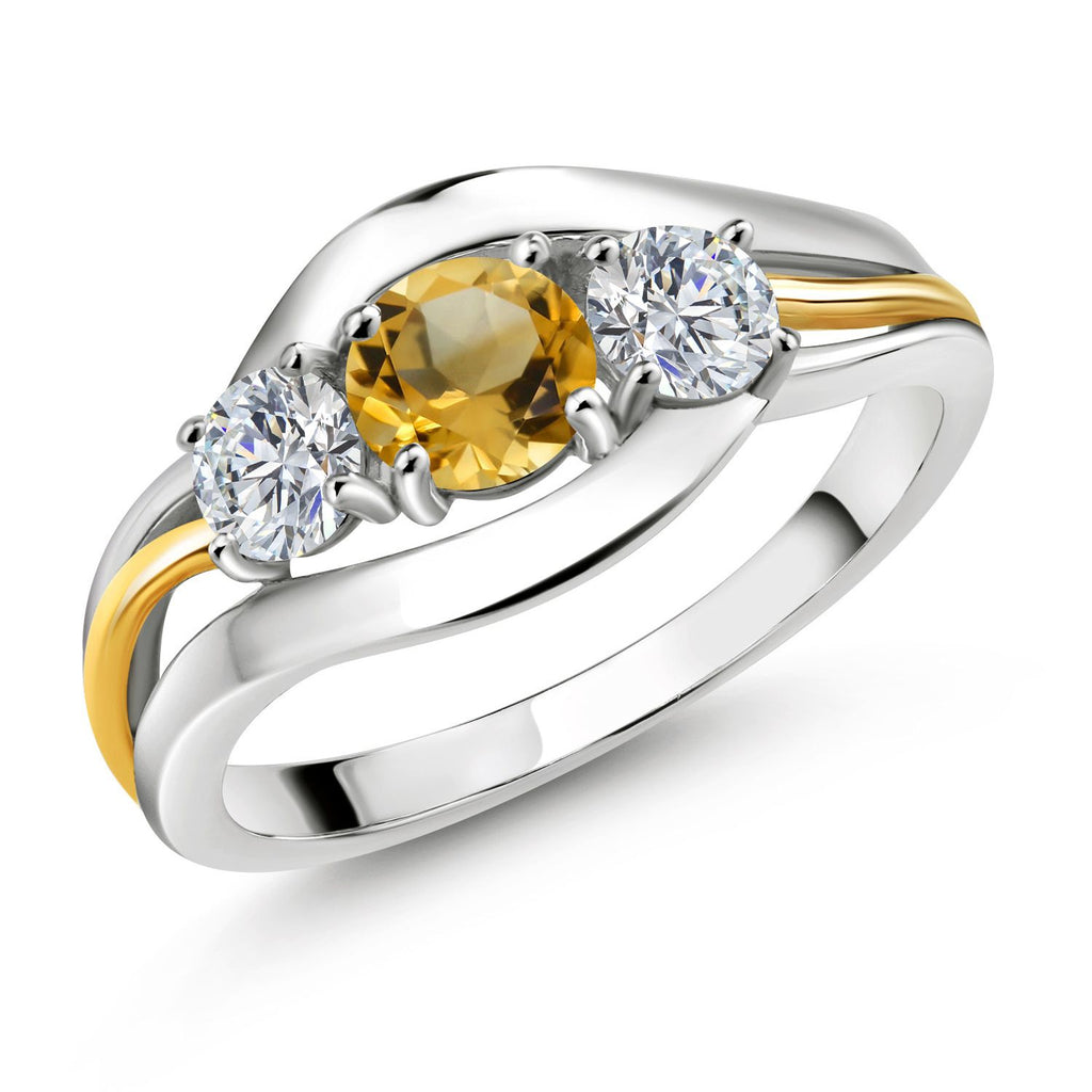 Gem Stone King 3-Stone Birthstone and Lab Grown Diamond Two-Tone Ring for Women | 925 Silver 10K Yellow Gold | Round 5MM 4MM | Anniversary Promise Engagement Ring