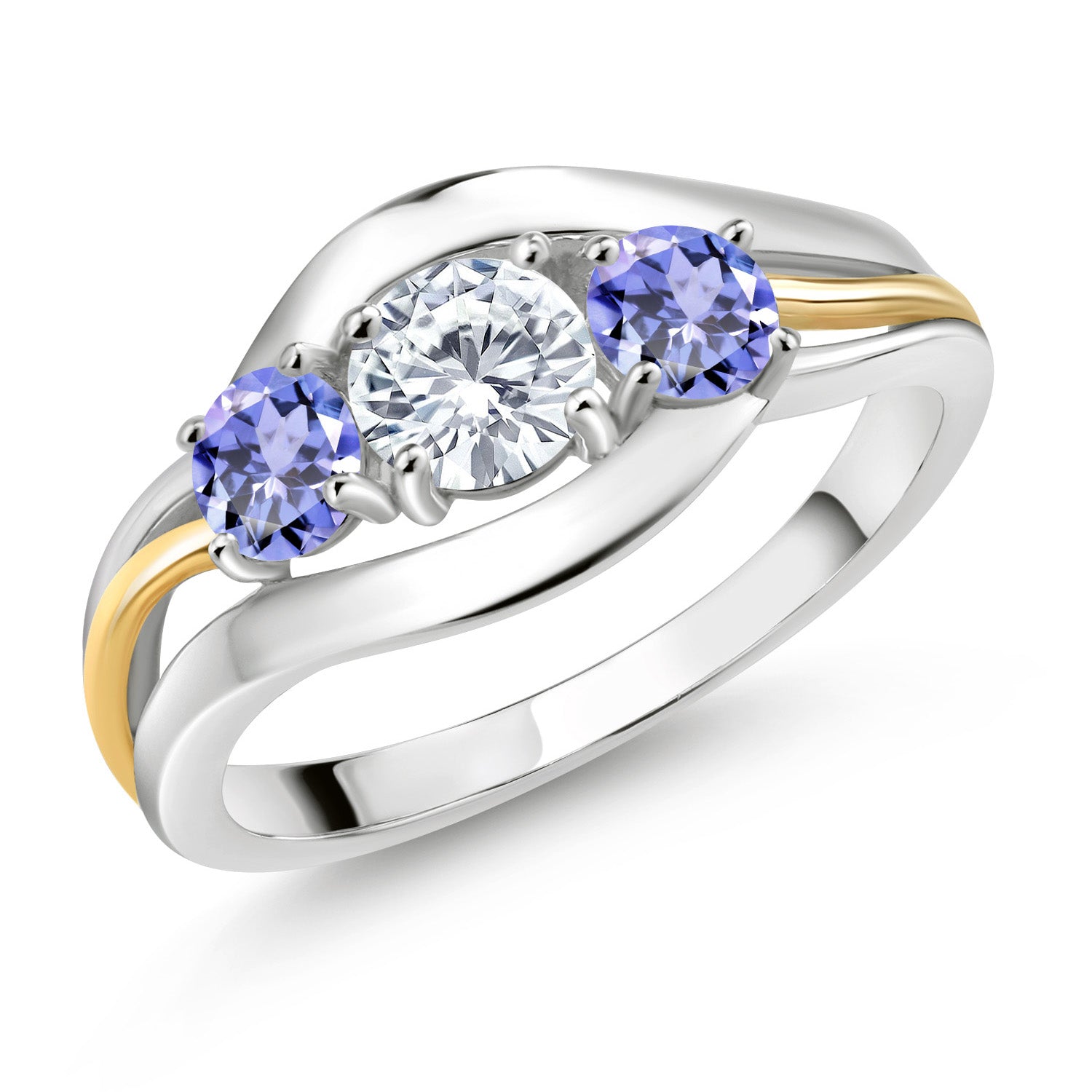 925 Sterling Silver and 10K Yellow Gold Round White Moissanite and Blue Tanzanite 3 Stone Ring For Women 1.10 Cttw