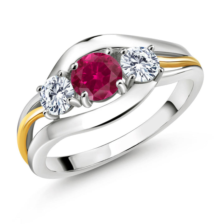 Gem Stone King 10K Yellow Gold & 925 Sterling Silver Round Gemstone Birthstone and White Moissanite 3-Stone Ring | Round 5MM and 4MM | Two-Tone Split-Shank Wedding Anniversary Promise for Women | Sizes 5-9