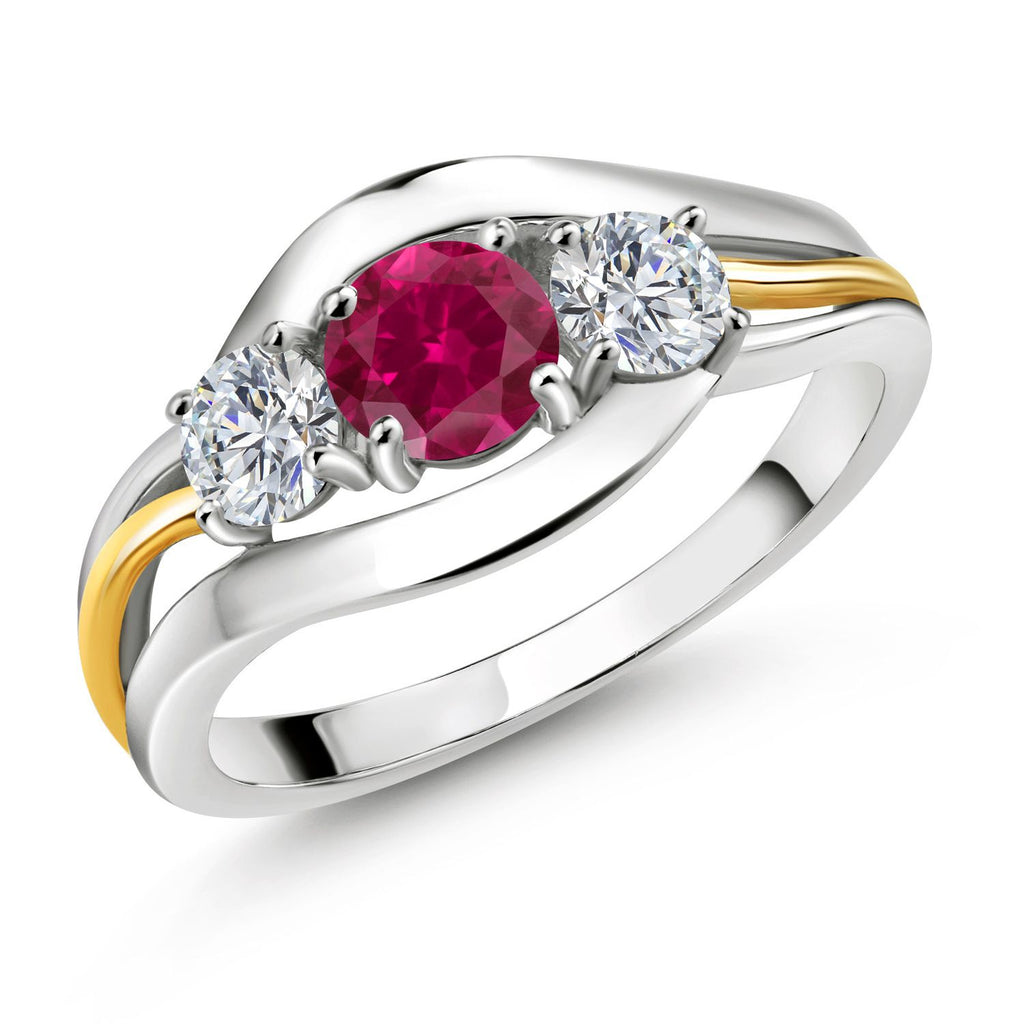 Gem Stone King 3-Stone Birthstone and Lab Grown Diamond Two-Tone Ring for Women | 925 Silver 10K Yellow Gold | Round 5MM 4MM | Anniversary Promise Engagement Ring
