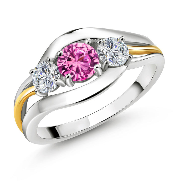Gem Stone King 925 Sterling Silver and 10K Yellow Gold Round Pink Created Sapphire and White Lab Grown Diamond 3 Stone Ring For Women (1.09 Cttw)