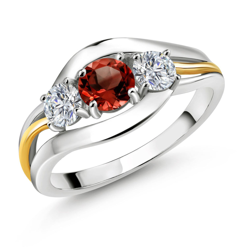 Gem Stone King 3-Stone Birthstone and Lab Grown Diamond Two-Tone Ring for Women | 925 Silver 10K Yellow Gold | Round 5MM 4MM | Anniversary Promise Engagement Ring