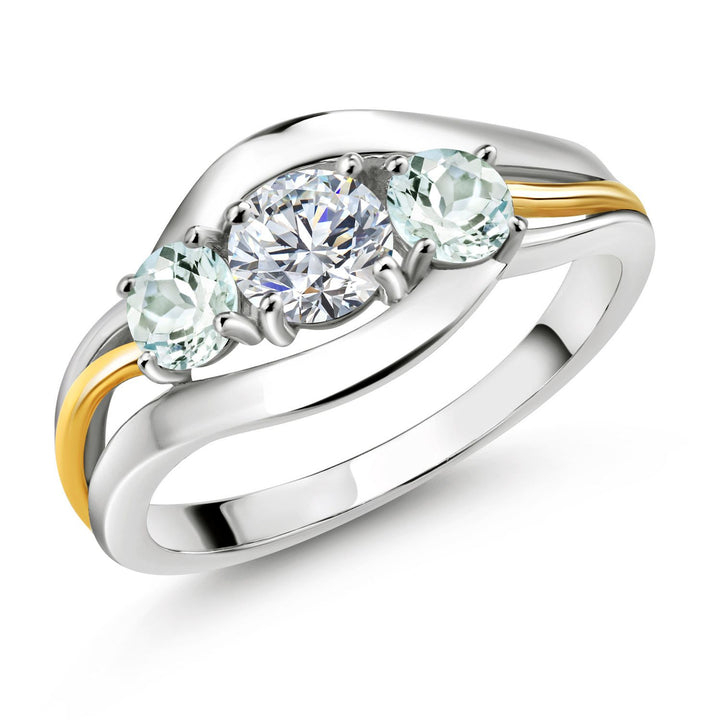 Gem Stone King 3-Stone Lab Grown Diamond and Gemstone Birthstone Ring for Women | 2-Tone 925 Silver 10K Yellow Gold | Round 5MM 4MM | Anniversary Engagement Ring