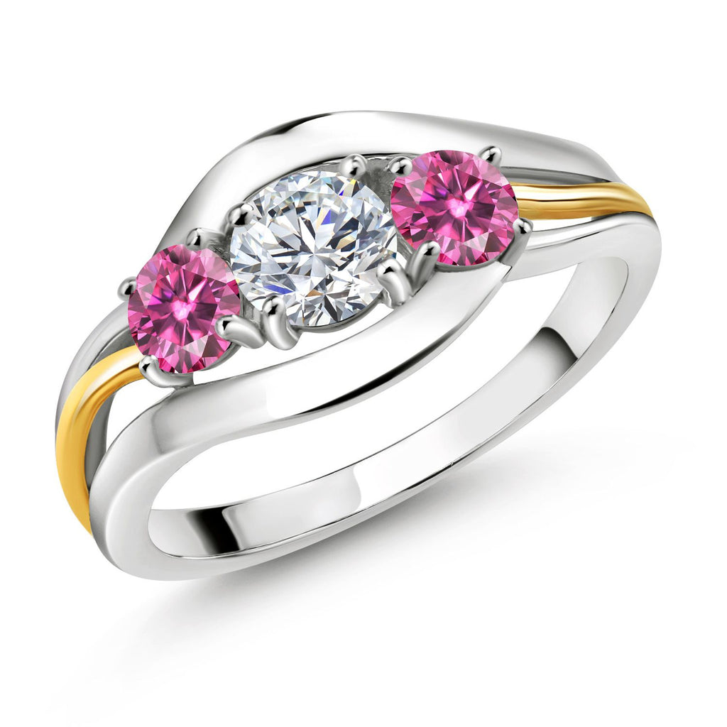 Gem Stone King 3-Stone Lab Grown Diamond and Gemstone Birthstone Ring for Women | 2-Tone 925 Silver 10K Yellow Gold | Round 5MM 4MM | Anniversary Engagement Ring
