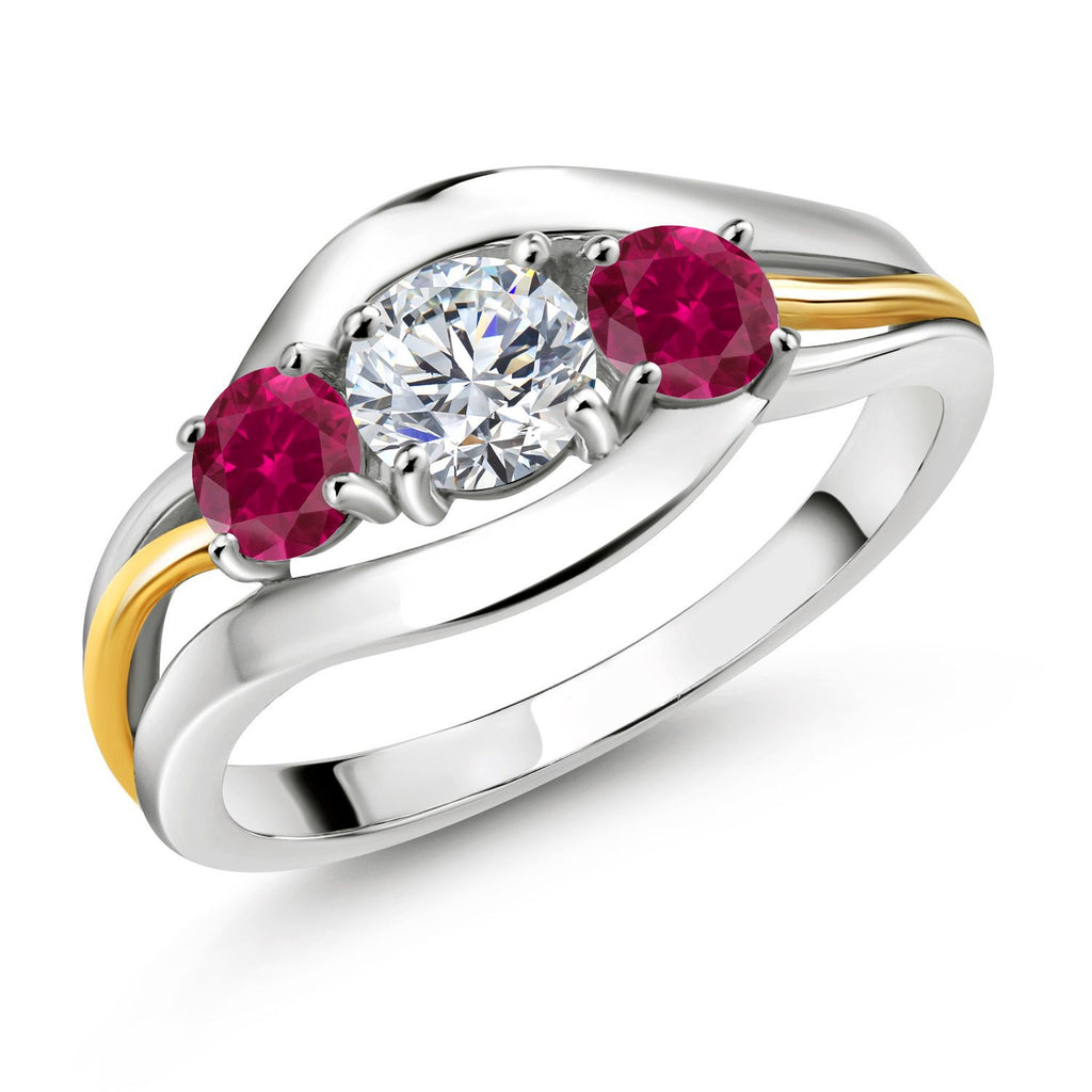Gem Stone King 3-Stone Lab Grown Diamond and Gemstone Birthstone Ring for Women | 2-Tone 925 Silver 10K Yellow Gold | Round 5MM 4MM | Anniversary Engagement Ring