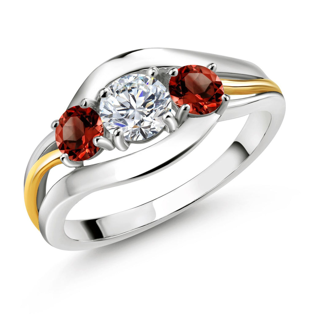 Gem Stone King 3-Stone Lab Grown Diamond and Gemstone Birthstone Ring for Women | 2-Tone 925 Silver 10K Yellow Gold | Round 5MM 4MM | Anniversary Engagement Ring