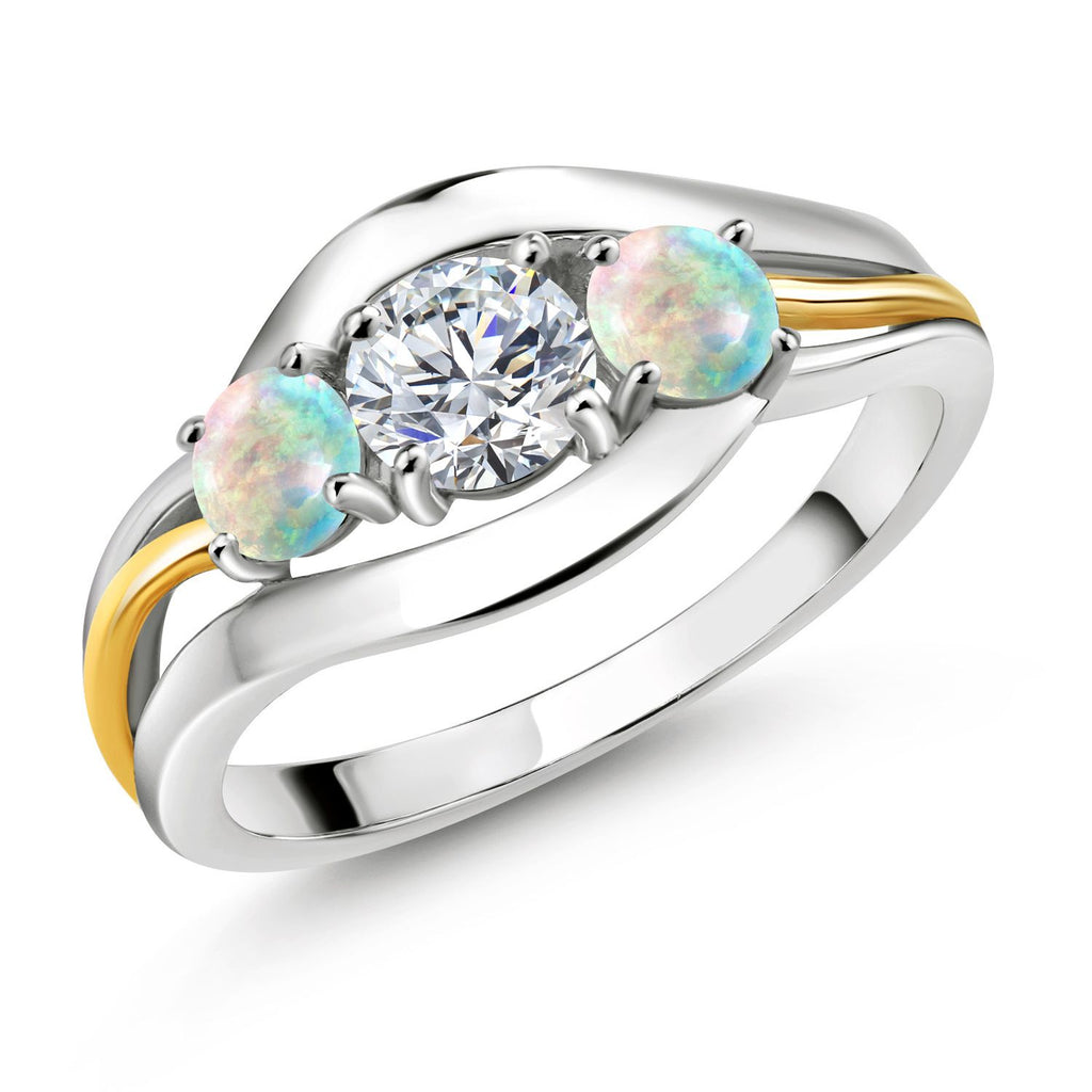 White Simulated Opal - October_5_Ring in 925 Sterling Silver and 10K Yellow Gold