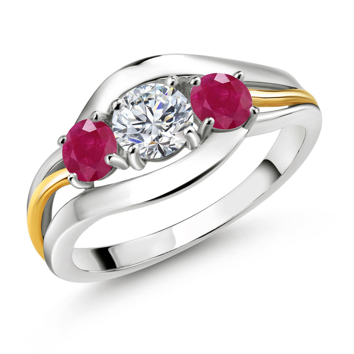 Gem Stone King 3-Stone Lab Grown Diamond and Gemstone Birthstone Ring for Women | 2-Tone 925 Silver 10K Yellow Gold | Round 5MM 4MM | Anniversary Engagement Ring