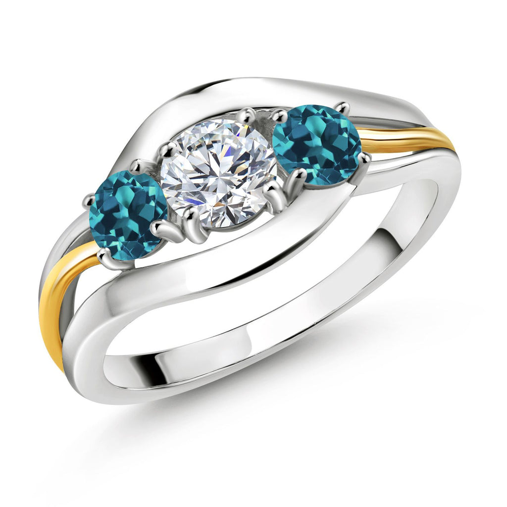 Gem Stone King 3-Stone Lab Grown Diamond and Gemstone Birthstone Ring for Women | 2-Tone 925 Silver 10K Yellow Gold | Round 5MM 4MM | Anniversary Engagement Ring