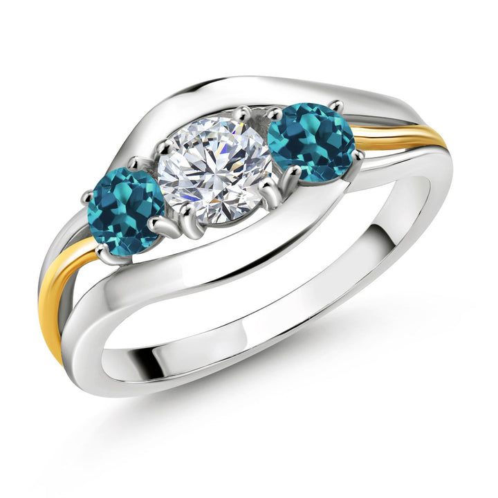 Gem Stone King 3-Stone Lab Grown Diamond and Gemstone Birthstone Ring for Women | 2-Tone 925 Silver 10K Yellow Gold | Round 5MM 4MM | Anniversary Engagement Ring