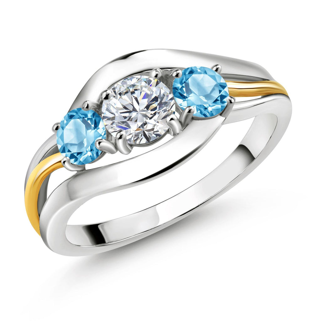 Gem Stone King 3-Stone Lab Grown Diamond and Gemstone Birthstone Ring for Women | 2-Tone 925 Silver 10K Yellow Gold | Round 5MM 4MM | Anniversary Engagement Ring