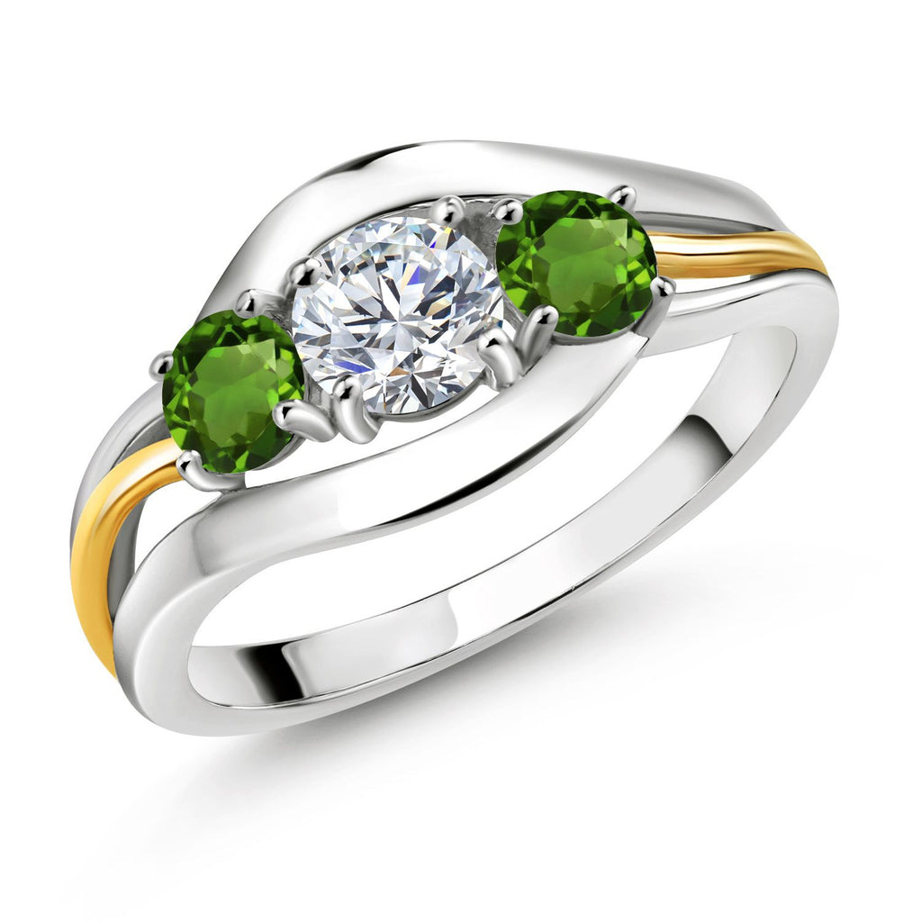 Gem Stone King 3-Stone Lab Grown Diamond and Gemstone Birthstone Ring for Women | 2-Tone 925 Silver 10K Yellow Gold | Round 5MM 4MM | Anniversary Engagement Ring