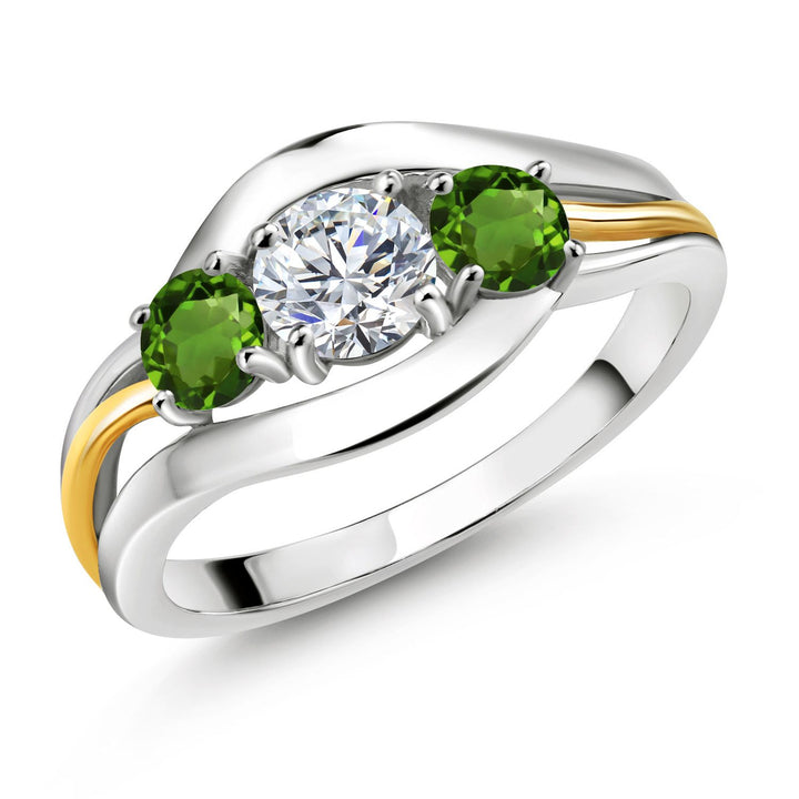 Gem Stone King 3-Stone Lab Grown Diamond and Gemstone Birthstone Ring for Women | 2-Tone 925 Silver 10K Yellow Gold | Round 5MM 4MM | Anniversary Engagement Ring
