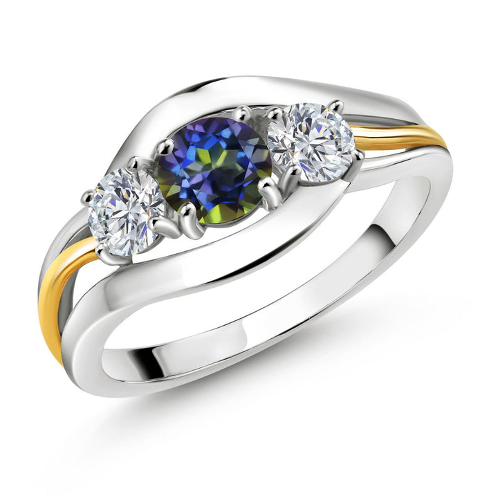 Gem Stone King 925 Sterling Silver and 10K Yellow Gold Round Blue Mystic Topaz and White Lab Grown Diamond 3 Stone Ring For Women (1.04 Cttw, Available In Size 5, 6, 7, 8, 9)