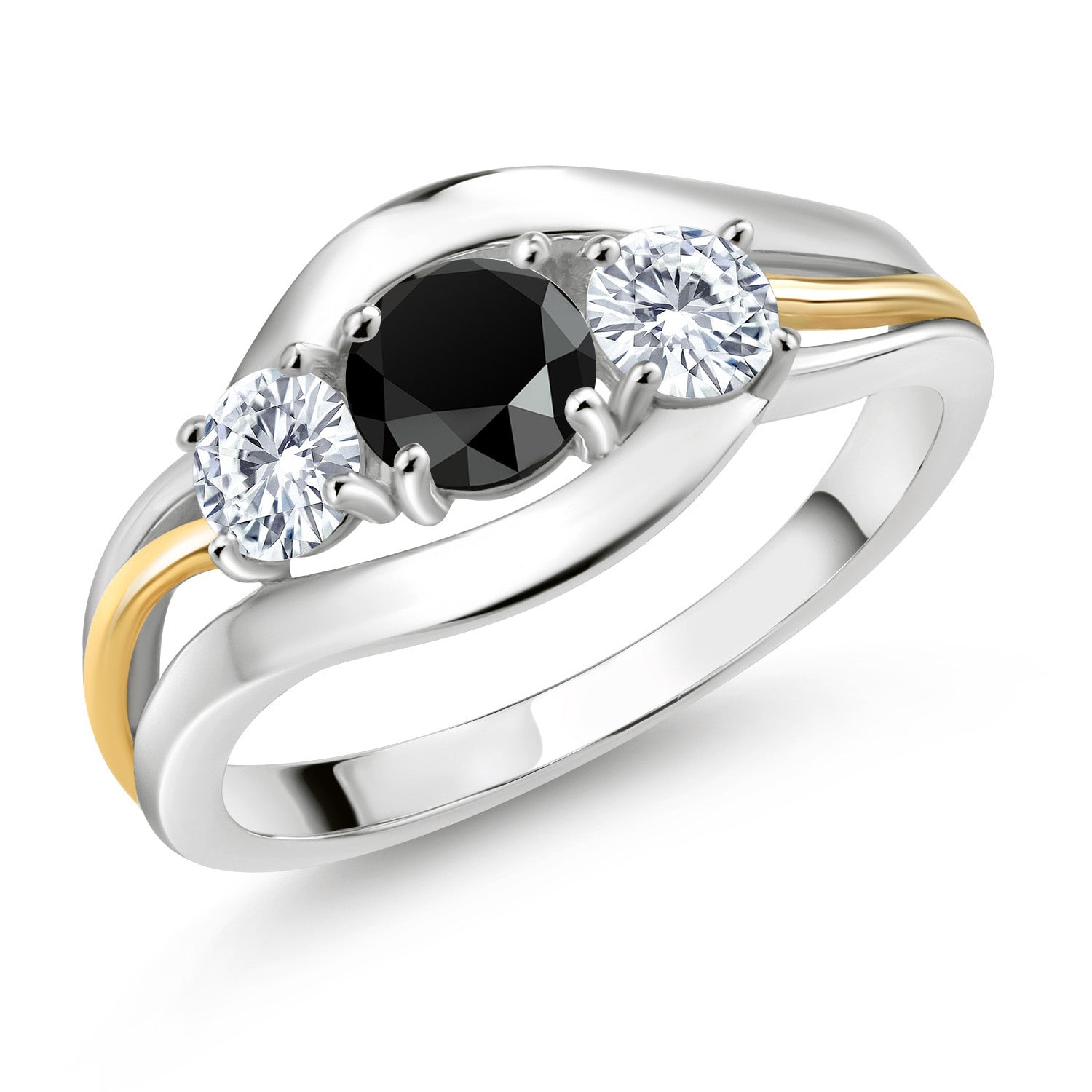 925 Sterling Silver and 10K Yellow Gold Round Black Onyx and White Moissanite 3 Stone Ring For Women (0.94 Cttw, Available In Size 5, 6, 7, 8, 9)