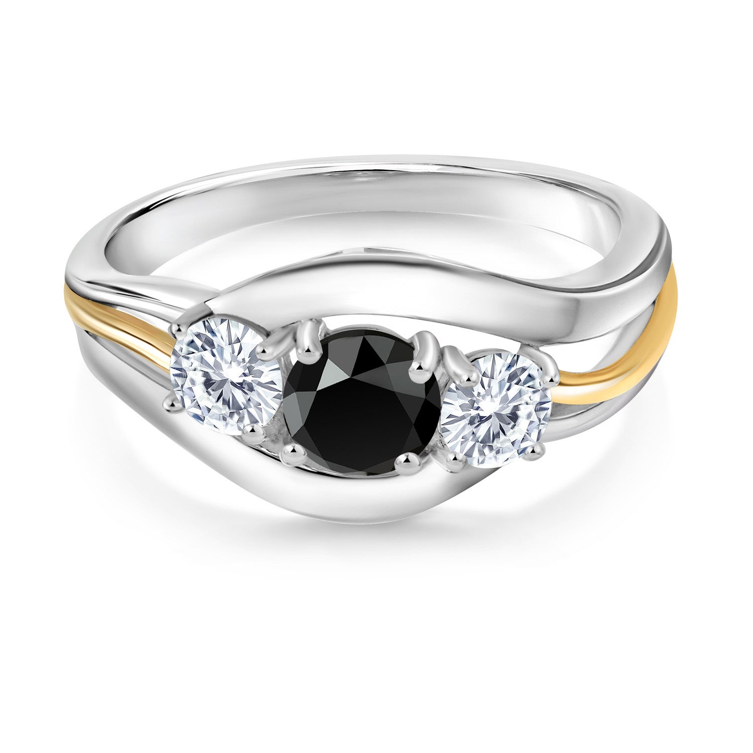 925 Sterling Silver and 10K Yellow Gold Round Black Onyx and White Moissanite 3 Stone Ring For Women (0.94 Cttw, Available In Size 5, 6, 7, 8, 9)