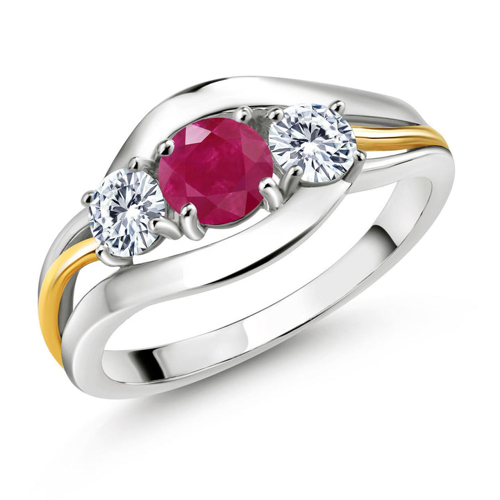 Gem Stone King 10K Yellow Gold & 925 Sterling Silver Round Gemstone Birthstone and White Moissanite 3-Stone Ring | Round 5MM and 4MM | Two-Tone Split-Shank Wedding Anniversary Promise for Women | Sizes 5-9