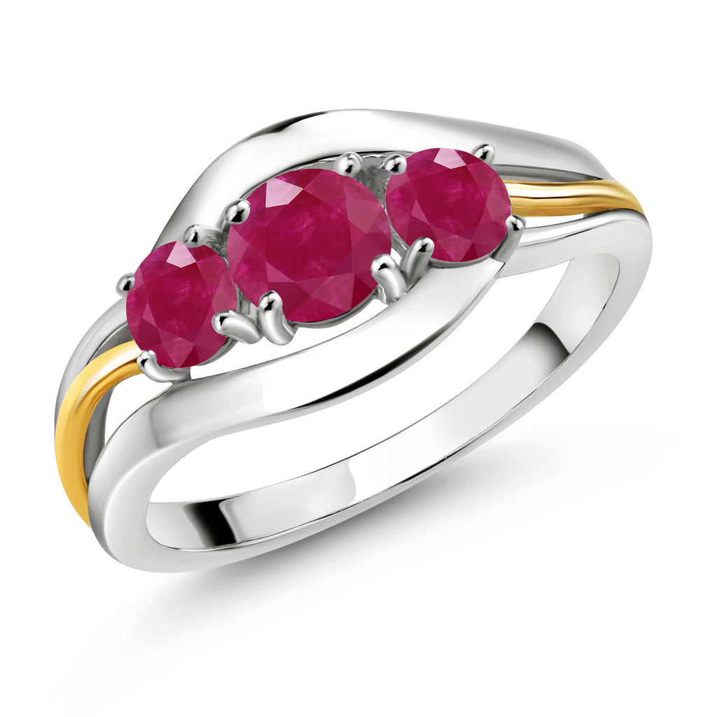 Gem Stone King 1.25 Cttw Round Red Ruby 3-Stone Ring For Women In 925 Sterling Silver and 10K Yellow Gold | Three Stone Wedding Engagement Anniversary Promise Ring For Women