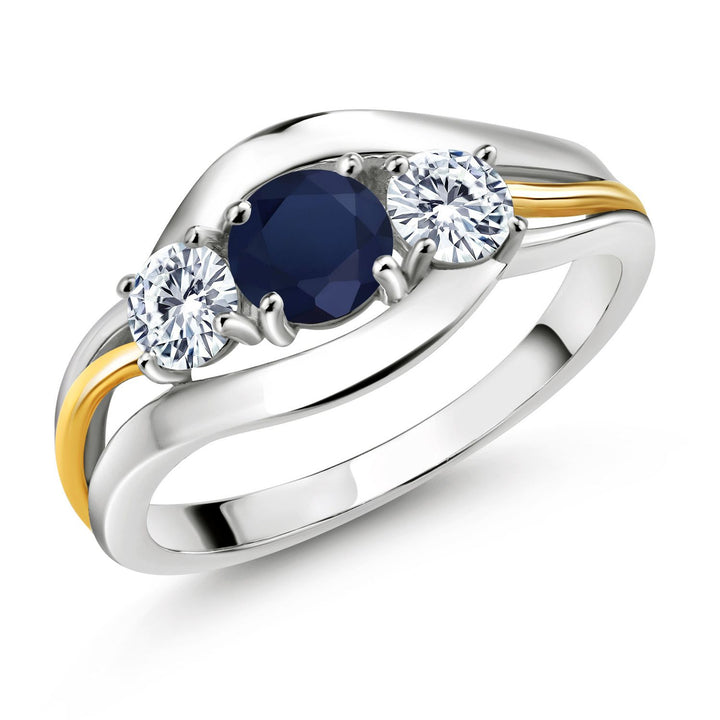 Gem Stone King 10K Yellow Gold & 925 Sterling Silver Round Gemstone Birthstone and White Moissanite 3-Stone Ring | Round 5MM and 4MM | Two-Tone Split-Shank Wedding Anniversary Promise for Women | Sizes 5-9